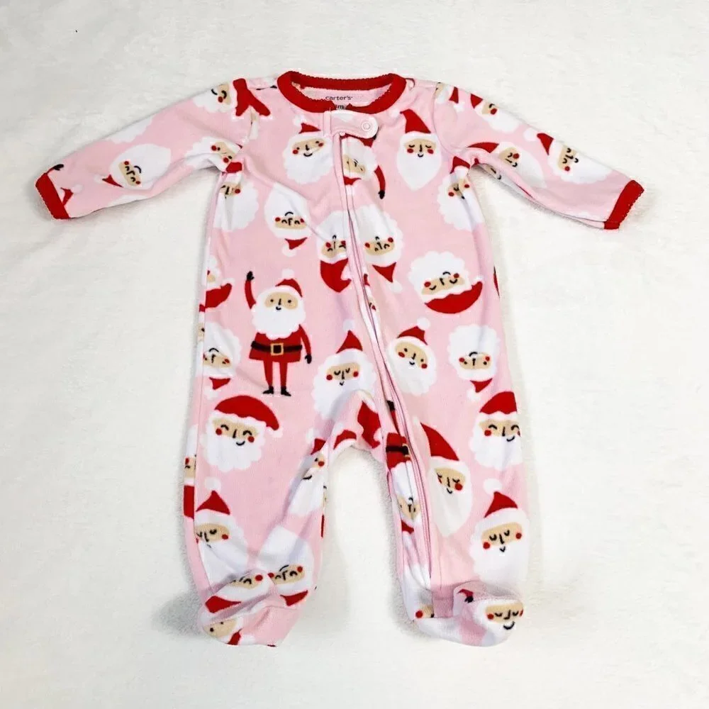 5/$25 Carters Baby Girls Pink Santa Claus Fleece Footed Pajamas Sleeper 3 Months